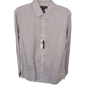 Michael Kors Shirt Mens M White Browm Striped Tailored Slim Fit‎ Shirt Stretch
